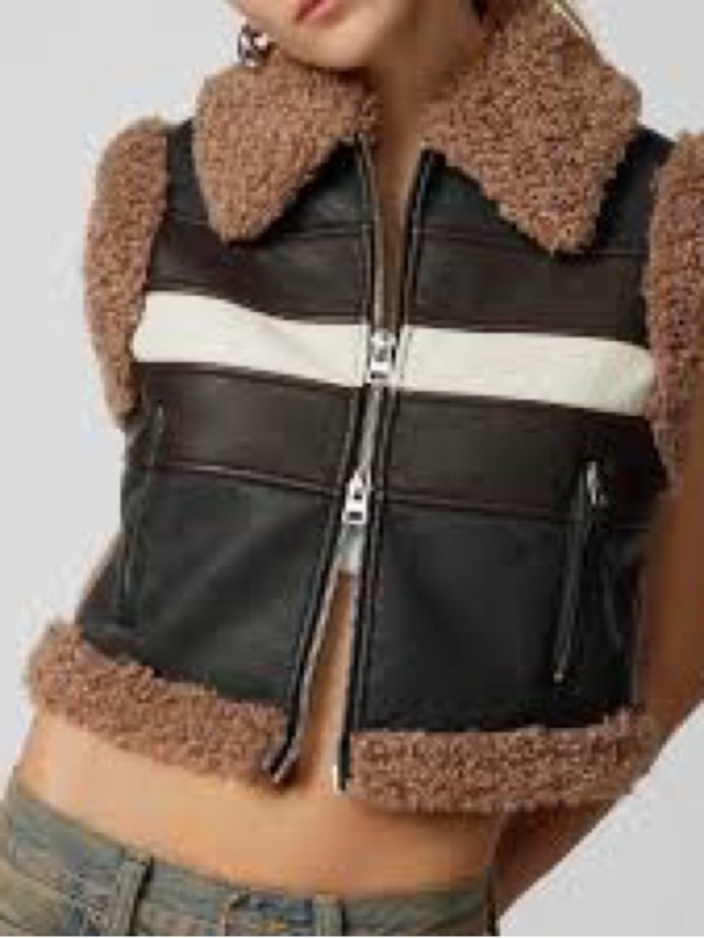 Cali 1850 Donald Faux Leather Sherpa Moto Vest Black Cream XS
